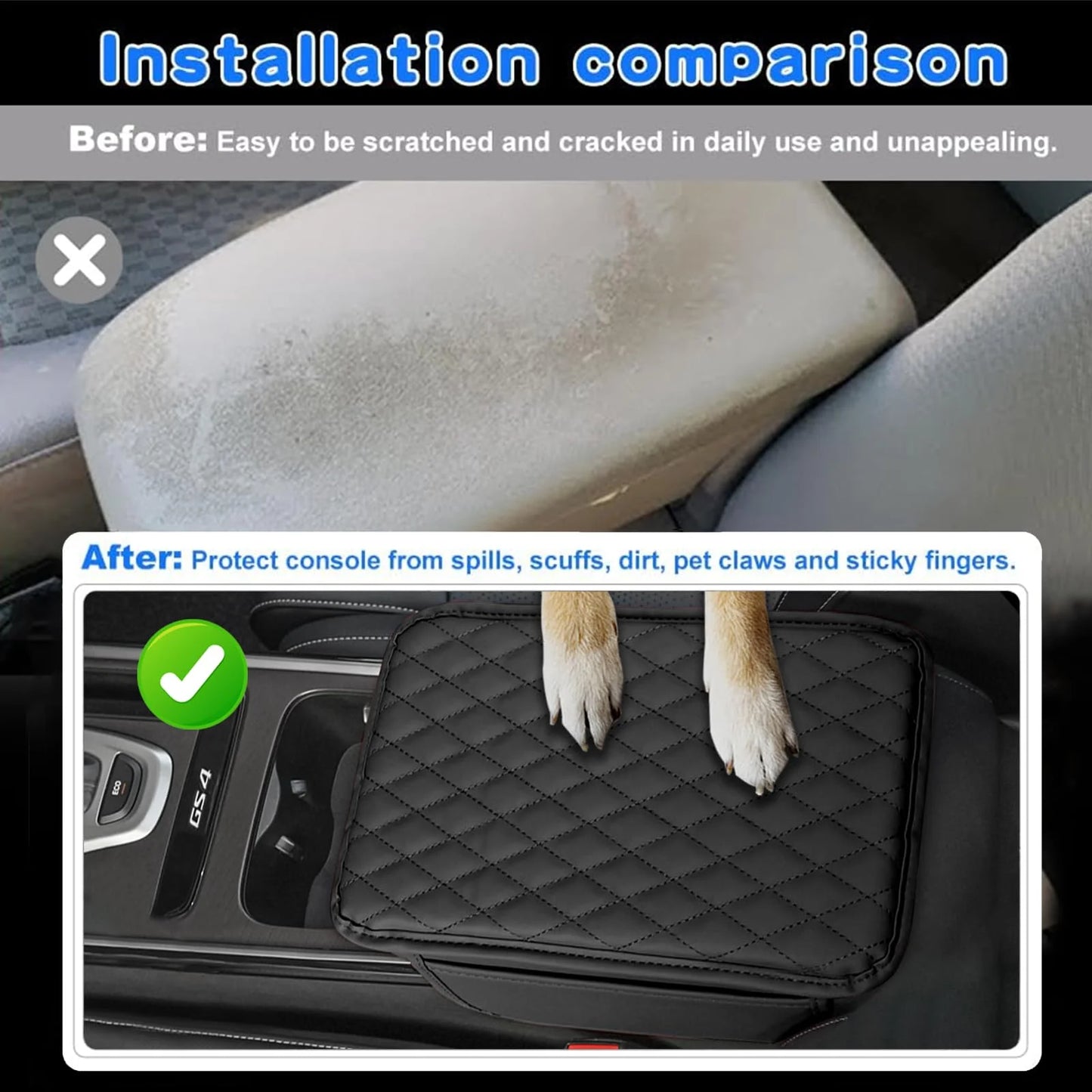 Car Center Console Cover Leather Armrest Cover Cushion with 2 Storage Bags Universal Car Armrest Seat Box Pad Car Interior Accessories Protector for Most Vehicle, Black