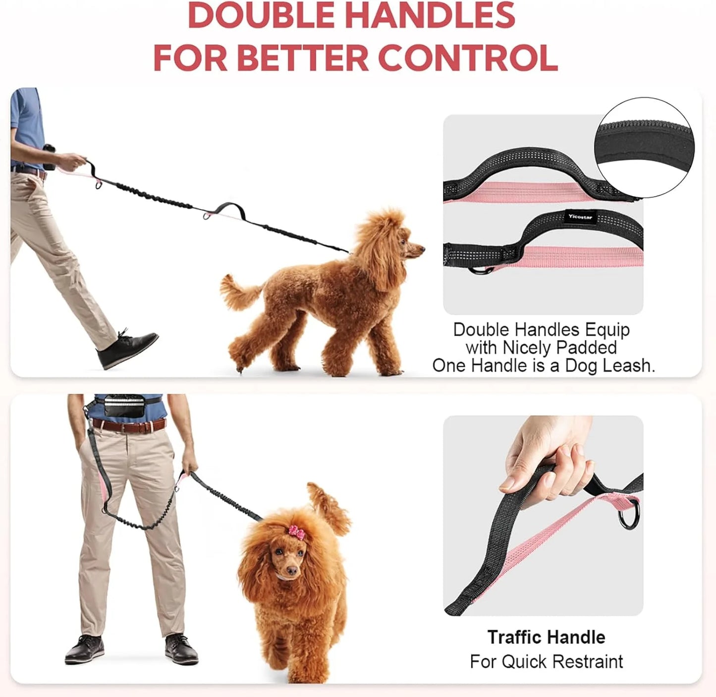 Hands Free Dog Leash with Pouch, Double Leash for Two Dogs, Retractable Dog Leashes with Double Padded Handles, for Running, Walking Accessories