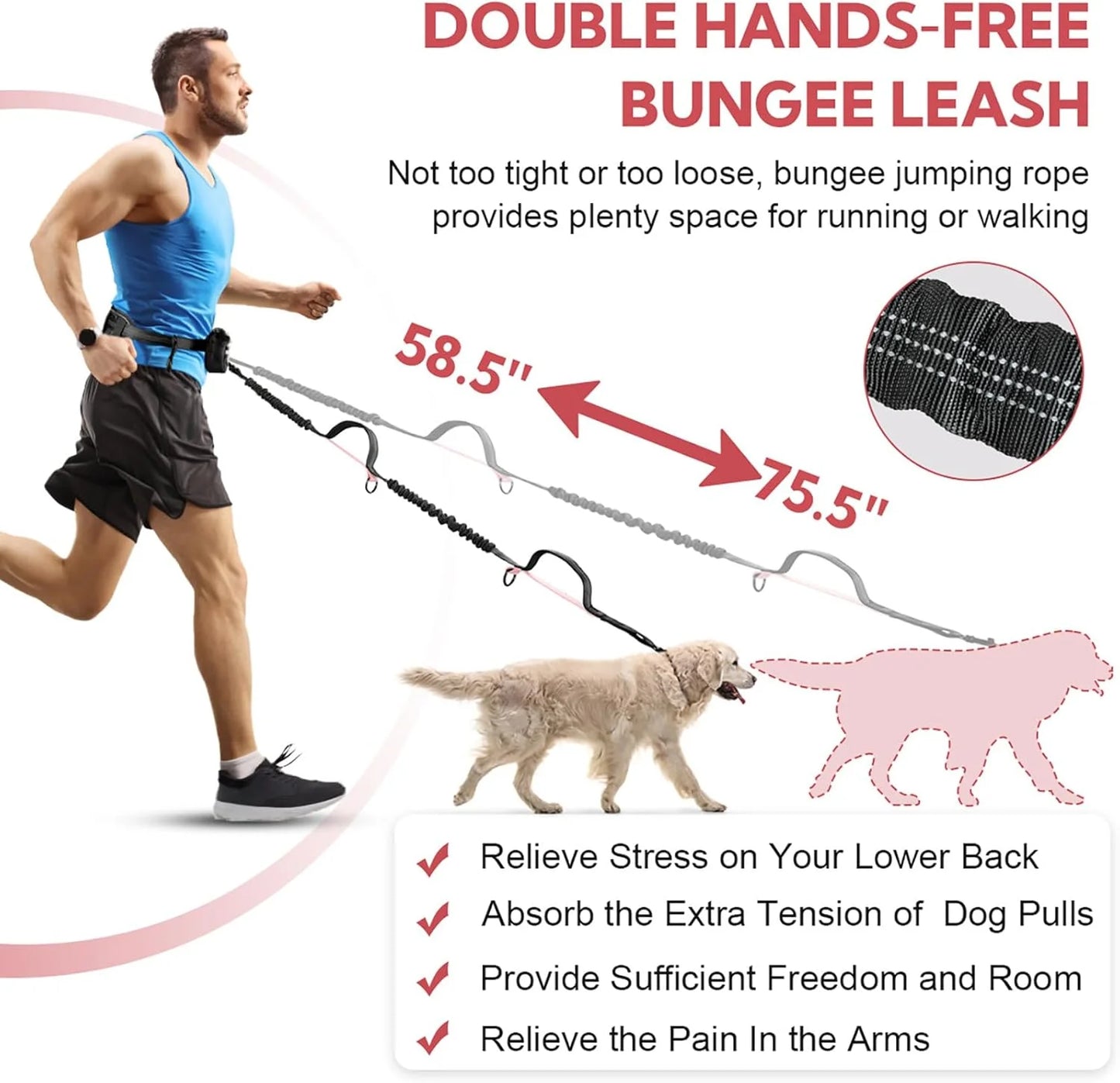 Hands Free Dog Leash with Pouch, Double Leash for Two Dogs, Retractable Dog Leashes with Double Padded Handles, for Running, Walking Accessories