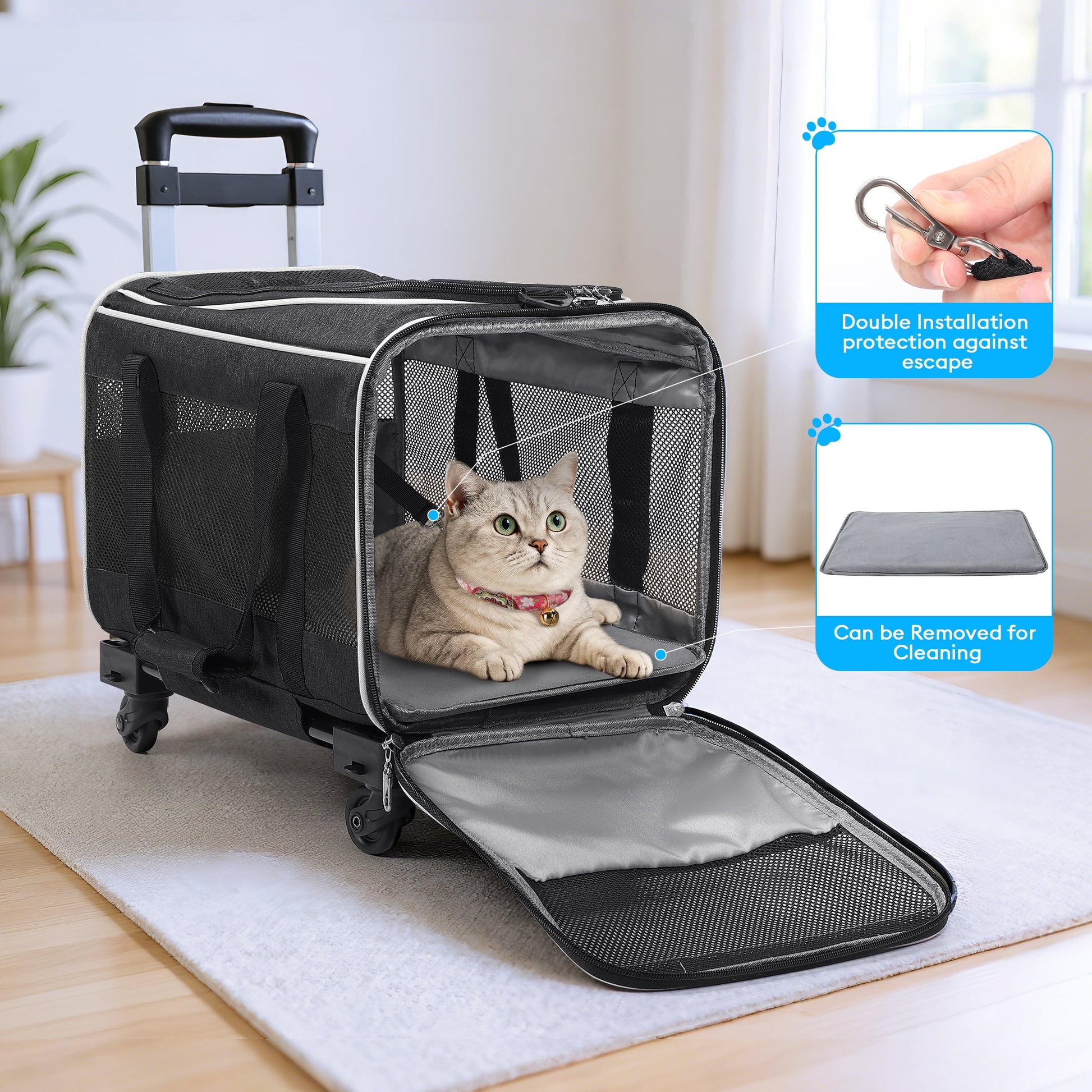 WFUN Rolling Pet Carrier with Wheels for Small Medium Dogs & Cats up to 20Lb for Travel Flight Camping Outdoor,Black