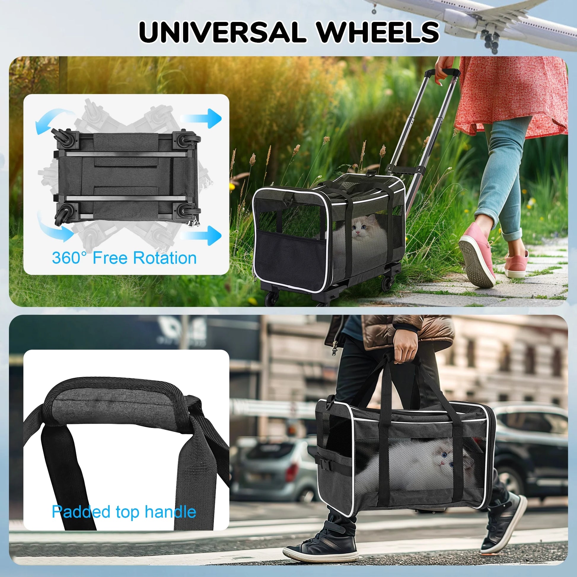 WFUN Rolling Pet Carrier with Wheels for Small Medium Dogs & Cats up to 20Lb for Travel Flight Camping Outdoor,Black