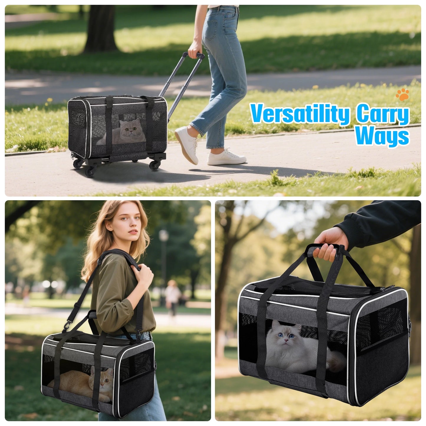 WFUN Rolling Pet Carrier with Wheels for Small Medium Dogs & Cats up to 20Lb for Travel Flight Camping Outdoor,Black