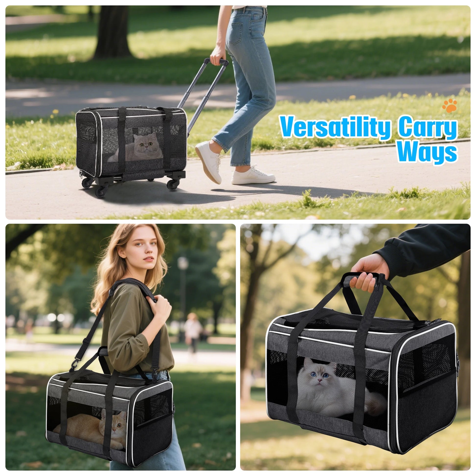 WFUN Rolling Pet Carrier with Wheels for Small Medium Dogs & Cats up to 20Lb for Travel Flight Camping Outdoor,Black
