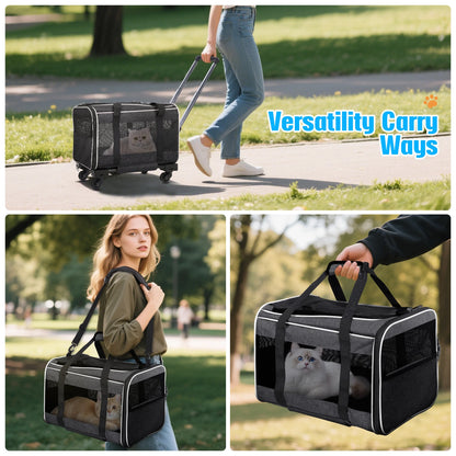 WFUN Rolling Pet Carrier with Wheels for Small Medium Dogs & Cats up to 20Lb for Travel Flight Camping Outdoor,Black