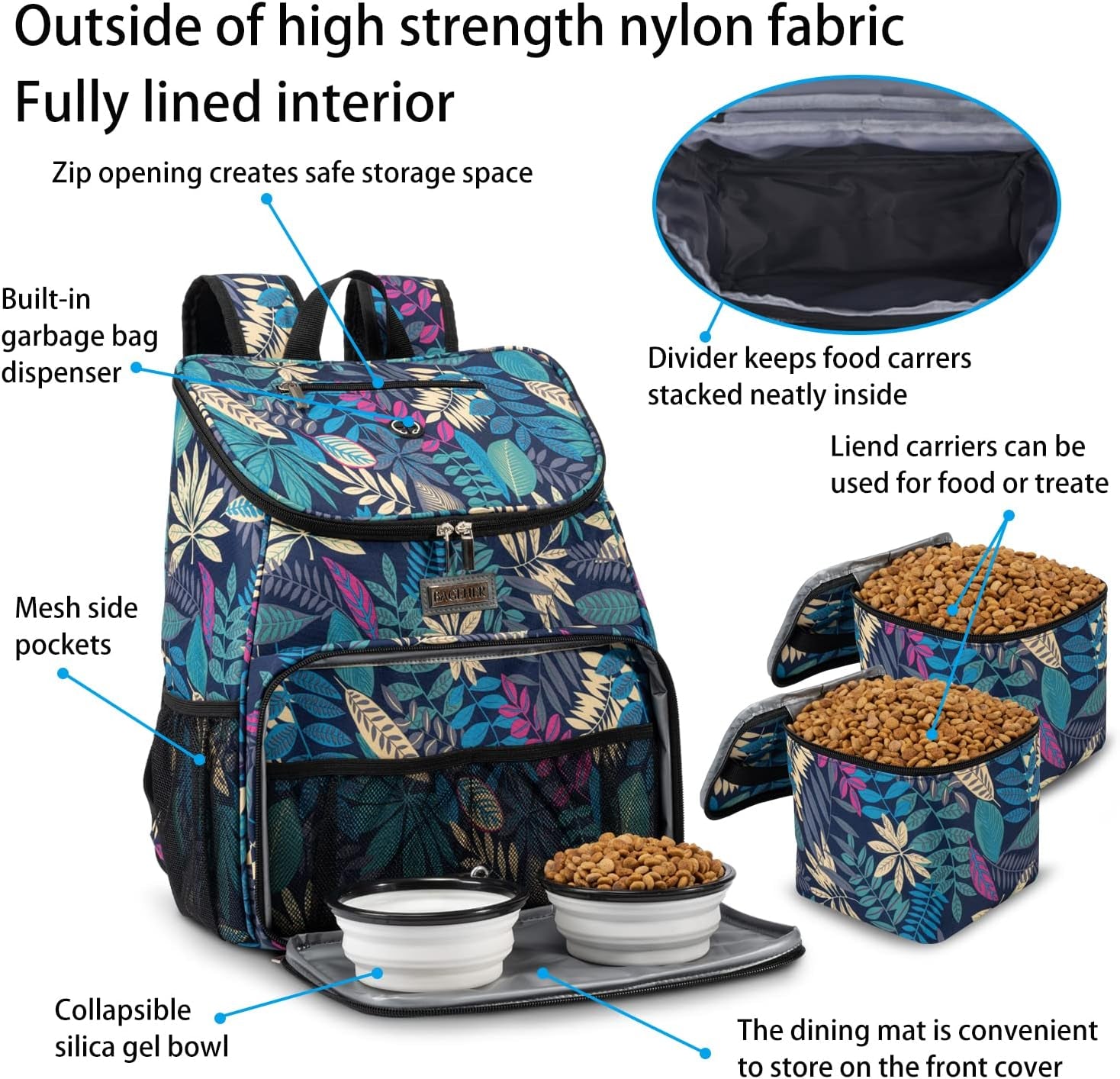 丨Dog Travel Bag, Airline Approved Pet Supplies Backpack, Dog Travel Backpack with 2 Silicone Collapsible Bowls and 2 Food Baskets