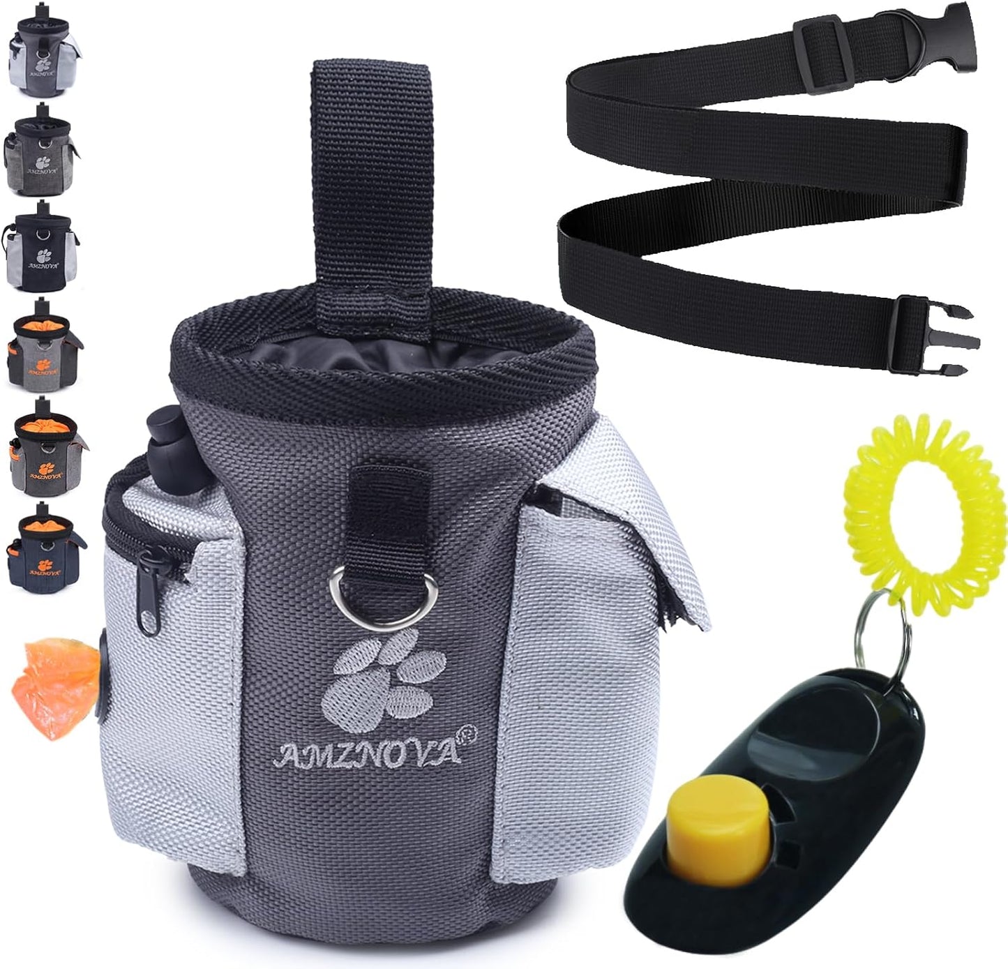 Dog Treat Bag Treatnow Dog Treat Pouch, Training Pouch with Waist Belt & Clicker for Training & Walking, Waist Clip on Snack Fanny Pack for Pet, 3Cups, Grey