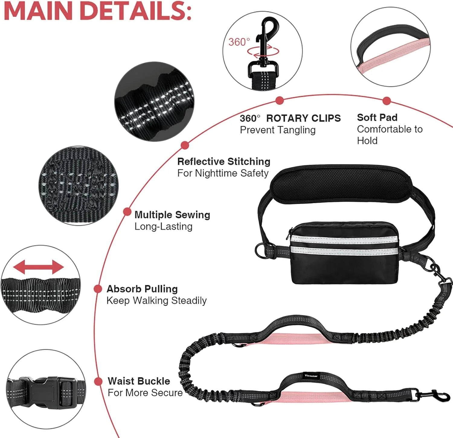 Hands Free Dog Leash with Pouch, Double Leash for Two Dogs, Retractable Dog Leashes with Double Padded Handles, for Running, Walking Accessories