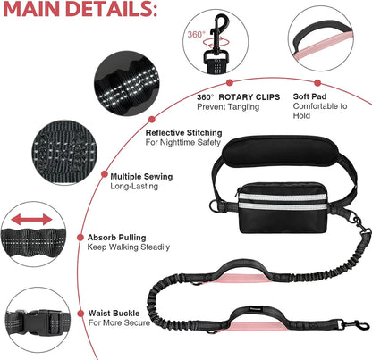 Hands Free Dog Leash with Pouch, Double Leash for Two Dogs, Retractable Dog Leashes with Double Padded Handles, for Running, Walking Accessories