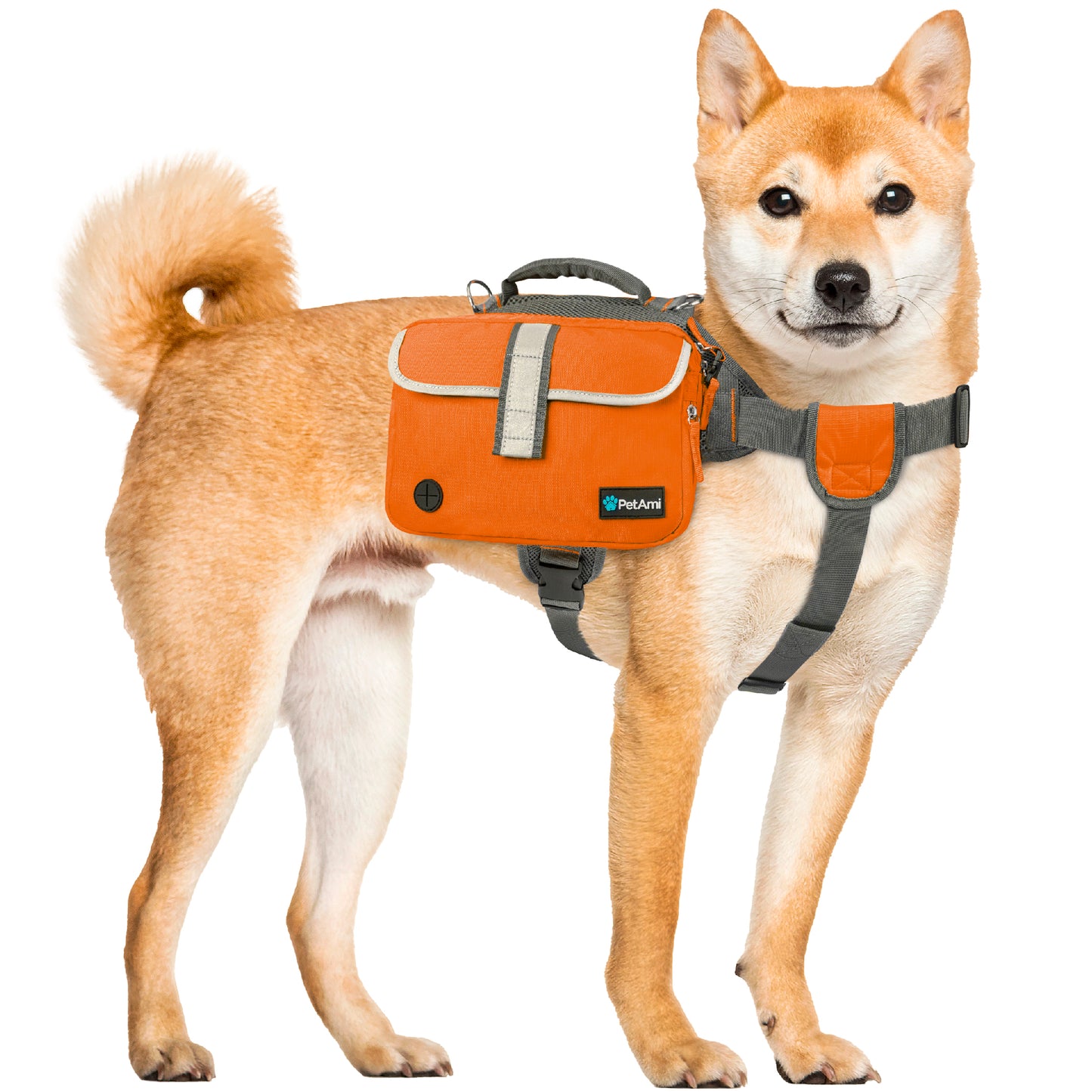 Dog Backpack Saddle Bag for Medium Large Dogs, Saddlebag for Dogs to Wear, Harness Saddlebag for Hiking with Reflective Safety Side Pockets, Vest Dog Pack for Camping Travel (Orange, Medium)