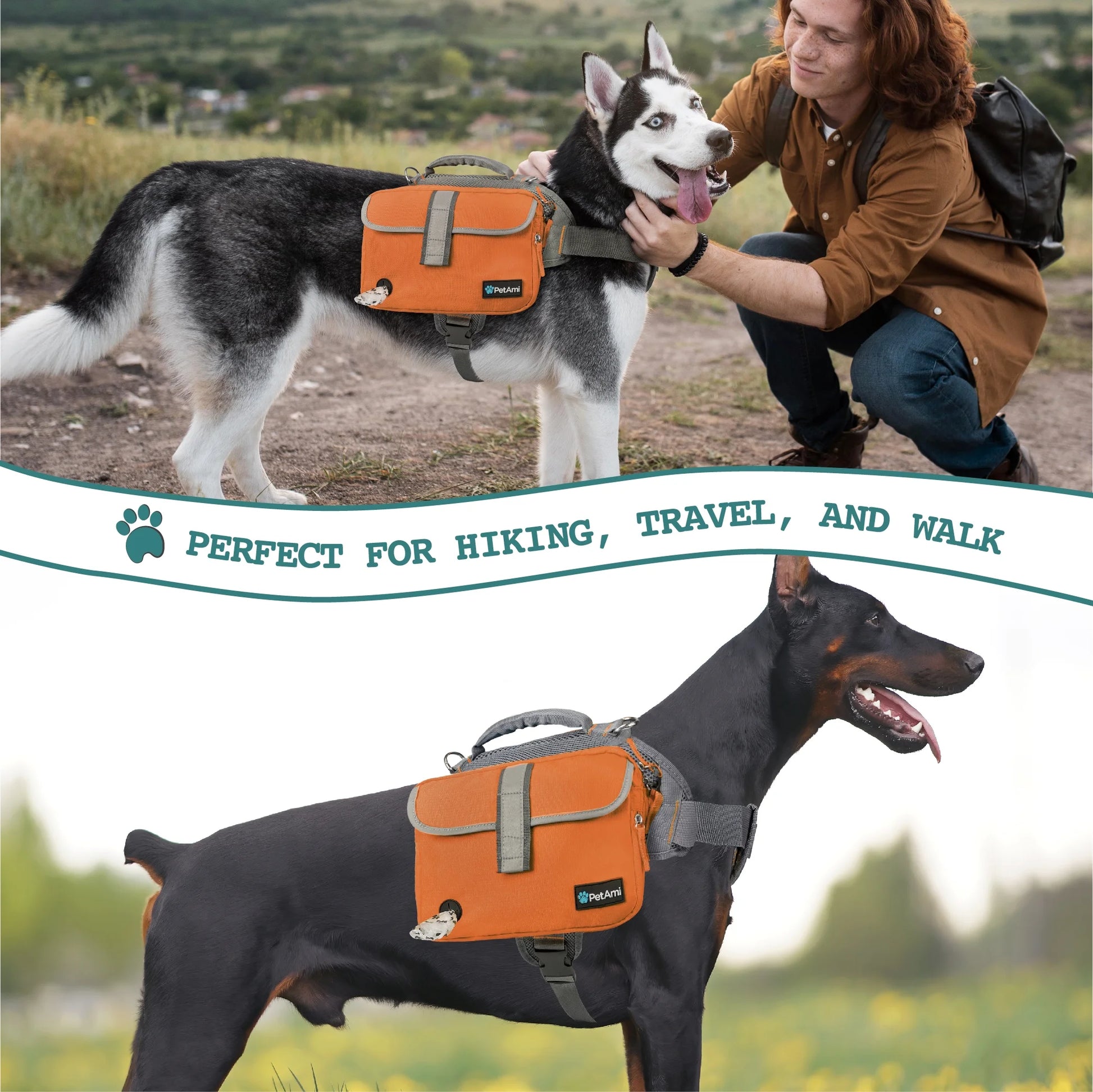 Dog Backpack Saddle Bag for Medium Large Dogs, Saddlebag for Dogs to Wear, Harness Saddlebag for Hiking with Reflective Safety Side Pockets, Vest Dog Pack for Camping Travel (Orange, Medium)