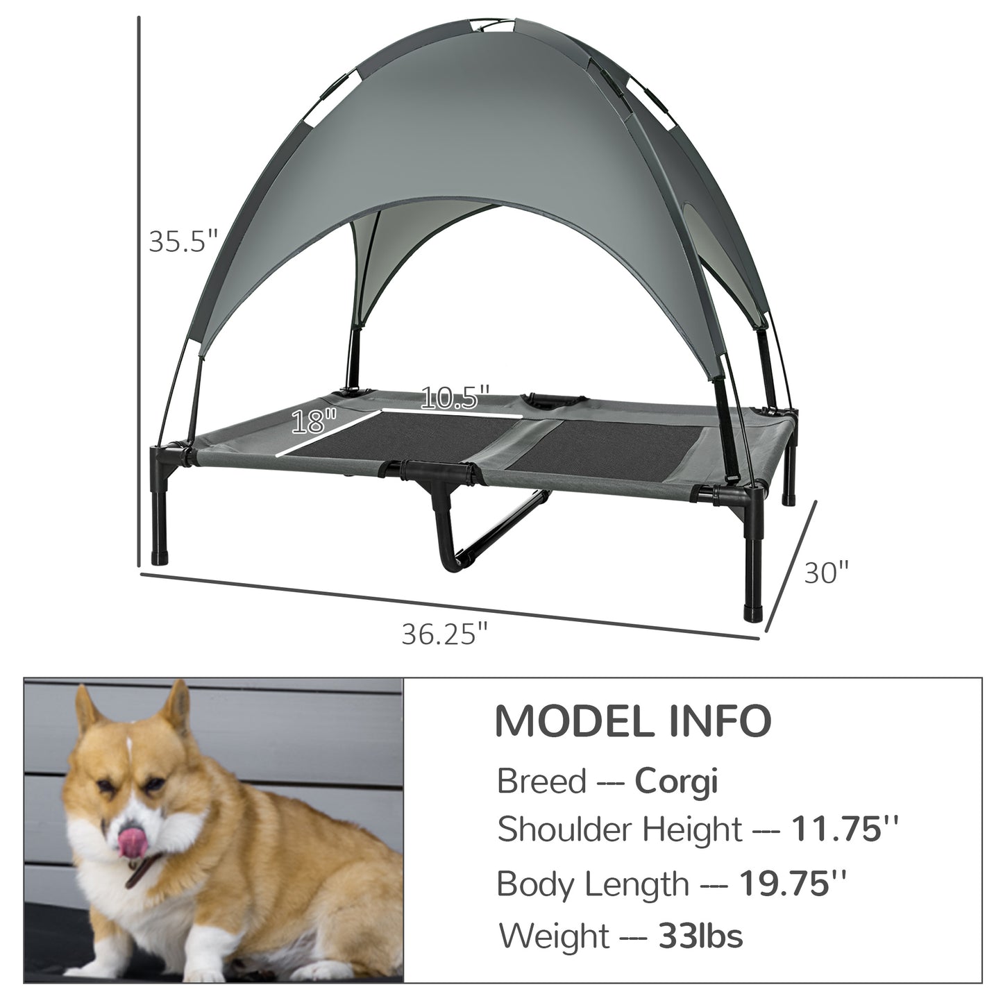 Elevated Dog Bed with Removable Canopy, Outdoor UV Protection Canopy Shade for Camping, 36 inch Large