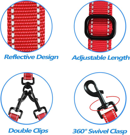 Double Dog Leash, No Tangle Dual Leash, Reflective Walking Training Lead, 4 Comfortable Padded Handles for 2 Dogs with Collapsible Bowl and Waste Bags (Red, Large)