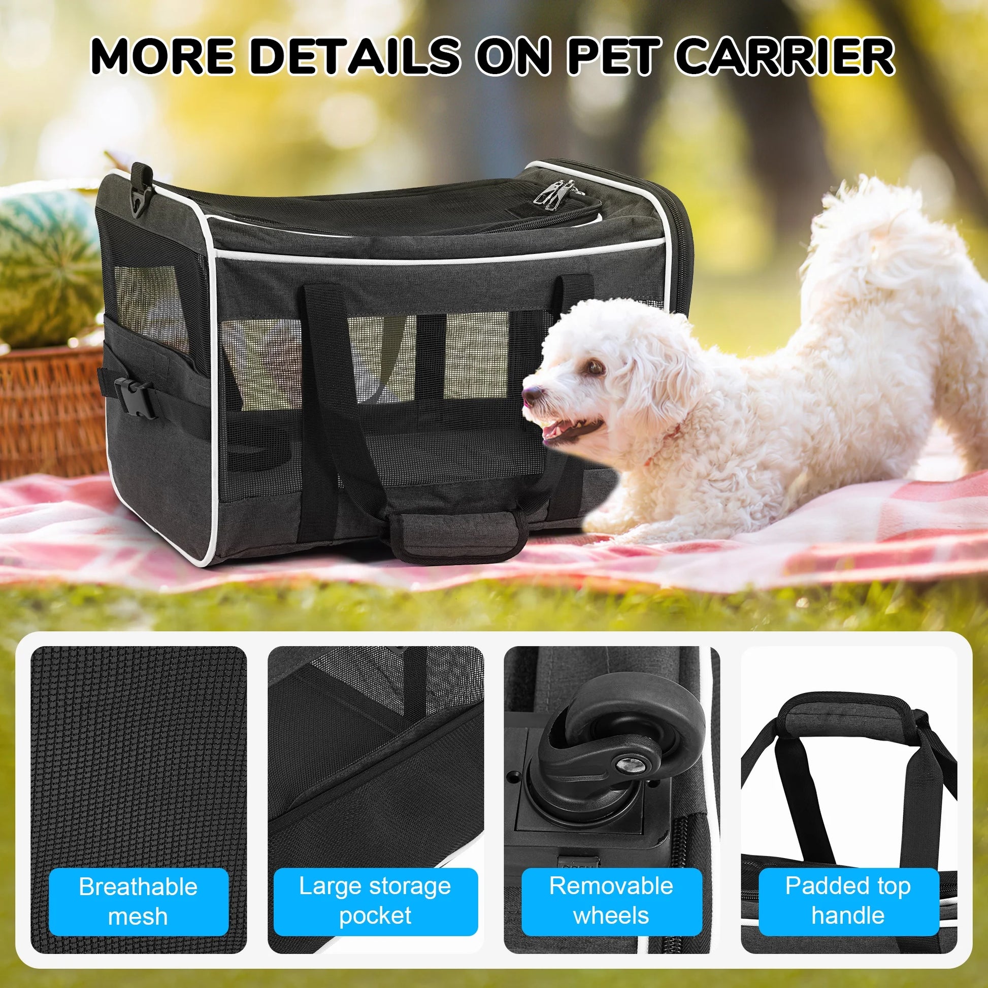 WFUN Rolling Pet Carrier with Wheels for Small Medium Dogs & Cats up to 20Lb for Travel Flight Camping Outdoor,Black