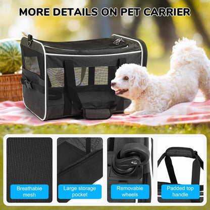 WFUN Rolling Pet Carrier with Wheels for Small Medium Dogs & Cats up to 20Lb for Travel Flight Camping Outdoor,Black